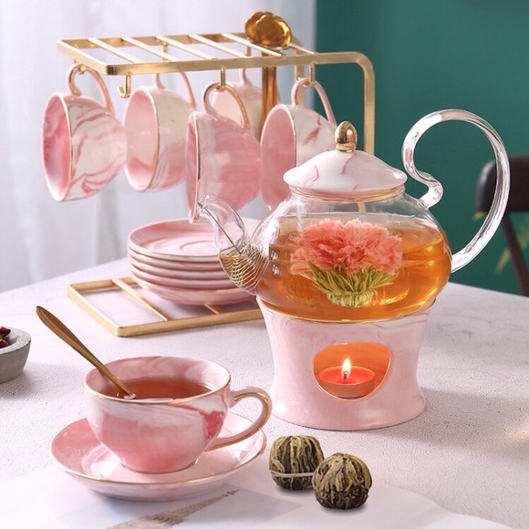Other - Pink Marble Printed Tea Set w/a Delicate Gold Trim